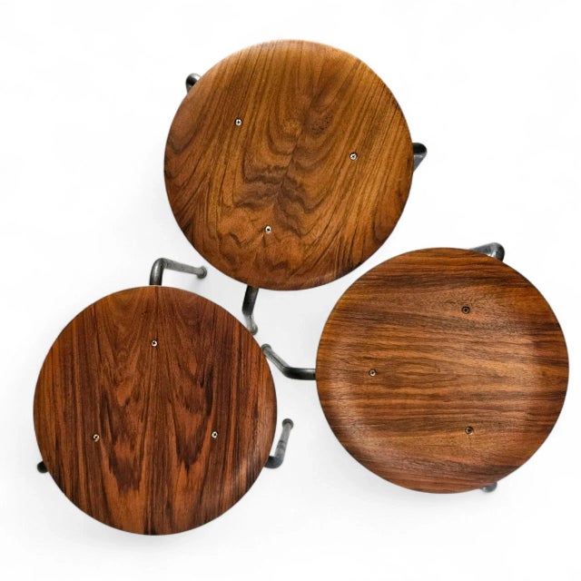 Mid Century Arne Jacobsen “Dot” Stools — First‑Run 1950s Teak + Steel — Set of 3 by Fritz Hansen For Sale - Image 14 of 18