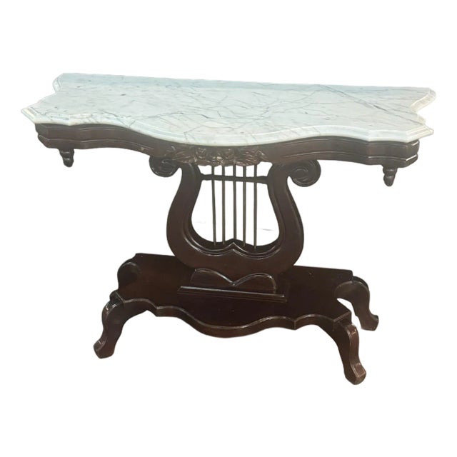 Vintage Marble Top Console Table – Solid Wood Lyre Base For Sale