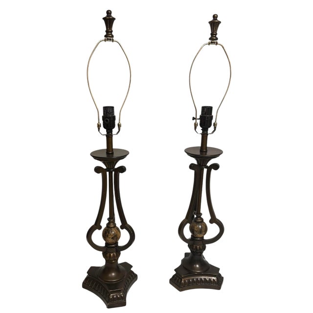 A Pair of Vintage Marble and Bronze Table Lamps For Sale In Birmingham - Image 6 of 12