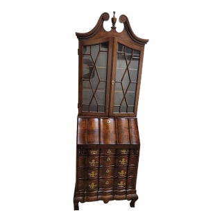 1840s Diminutive George III Walnut Block Front Slant Front Bureau Bookcase Cabinet For Sale