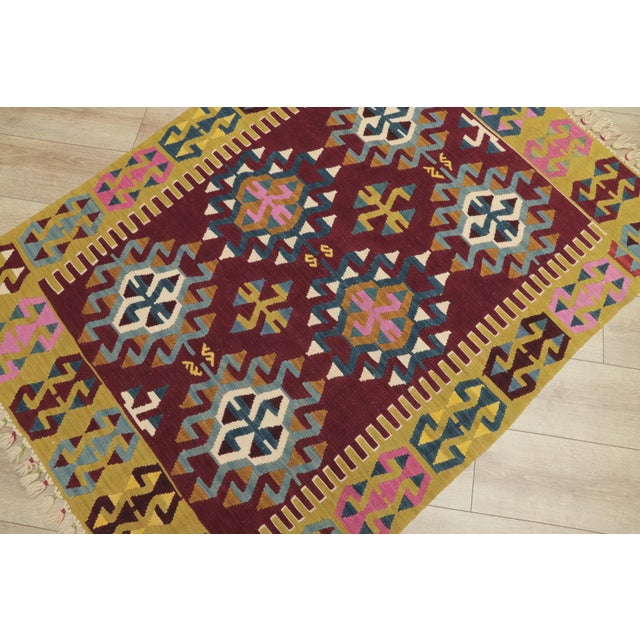 Burgundy 1980s Tribal Style Turkish Handmade Oushak Kilim Rug For Sale - Image 8 of 13