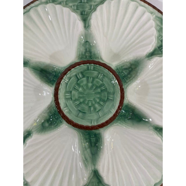 1930s French Longchamp Green and White Majolica Oyster Plate For Sale - Image 6 of 14