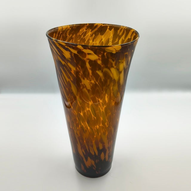 1970s hand-blown Murano glass vase featuring a captivating leopard print pattern. Crafted in Italy during the height of...