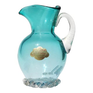 Barbini Murano Vintage Aqua Blue Gold Flecks Handle Italian Art Glass Midcentury Pitcher Flower Vase For Sale