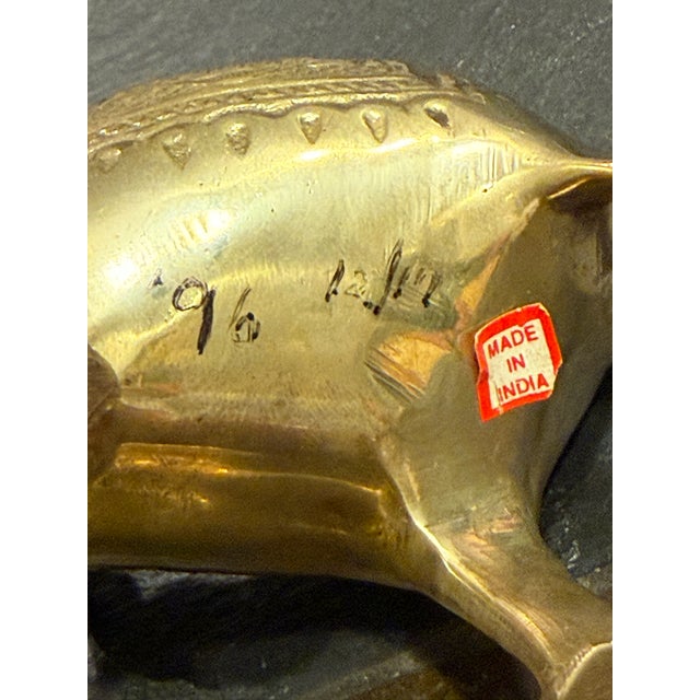 Traditional Vintage Solid Brass Elephant & Baby Figurines Made in India Ornate Trunks Up For Sale - Image 3 of 4