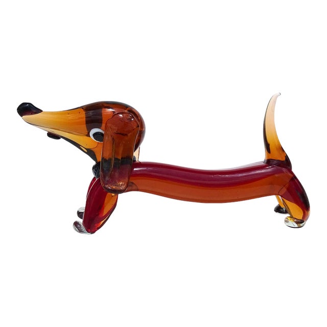 Murano Vintage Sommerso Red Orange Italian Art Glass Dachshund Puppy Dog Figure Sculpture For Sale