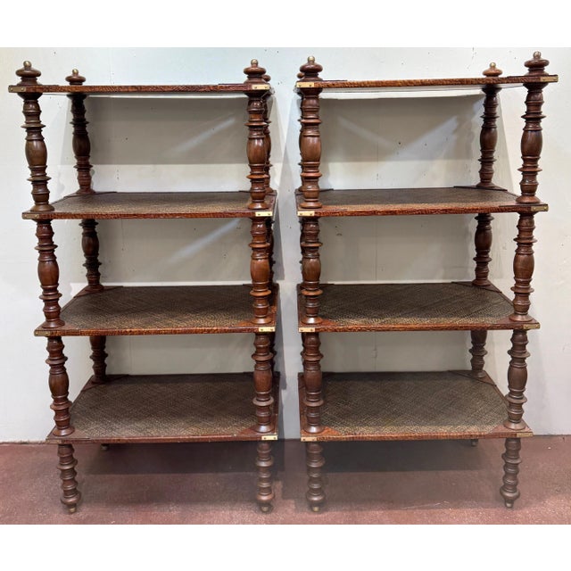 Brown Pair of Four-Tier Anglo-Indian Leather, Brass & Rattan Étagères/ Shelves For Sale - Image 8 of 12