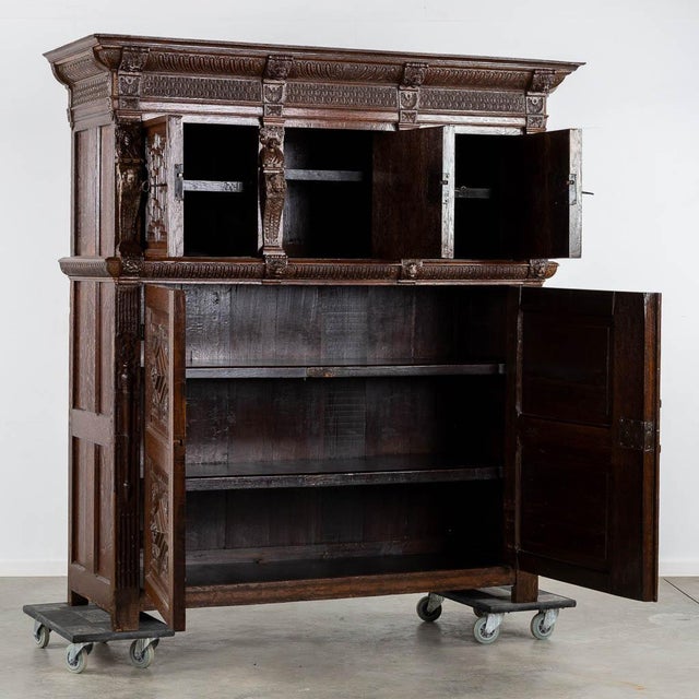 Monumental 17th Century Richly Ornamented and Coffered Flemish Oak Cabinet For Sale - Image 4 of 12