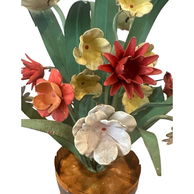 French Vintage Italian Tole Peinte Barrel Potted Floral Arrangement Sculpture / Toleware Floral With Daffodils & Bluebells, Made in Italy, a Pair For Sale - Image 3 of 6