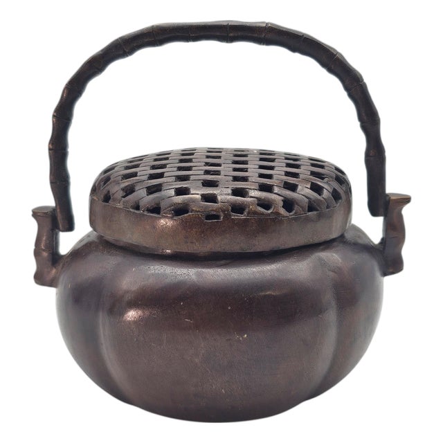 Antique Chinese Bronze Hand Censer Incense Burner With Bamboo Handle (4") For Sale