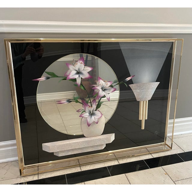 Art Deco Vintage 1980s 3d Art by Jon Gilmore Signed Shadow Box With Flower/Vase Acrylic Plexiglass Case For Sale - Image 3 of 11