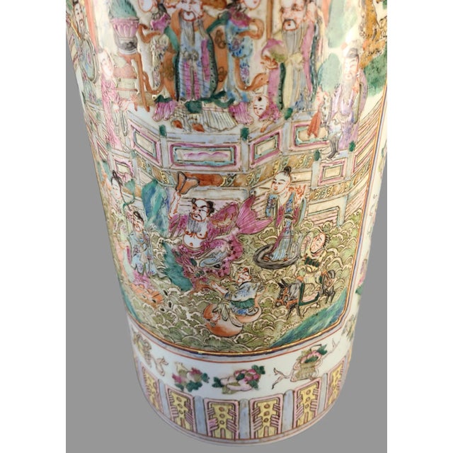 Ceramic Early 20th Century Asian Famille Rose Umbrella Stand, Hand Painted Figural Marked For Sale - Image 7 of 12