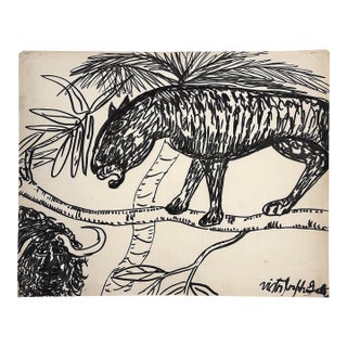 Large Mid 20th Century Vintage Primitive Folk Art Drawing of Jungle in Black and White on Paper Signed by Victor Gatto For Sale