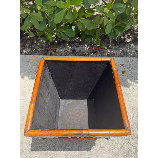 Wood Vintage Bamboo & Wood Square Cachepot / Planter Stand – British Colonial Palm Beach Style For Sale - Image 7 of 11