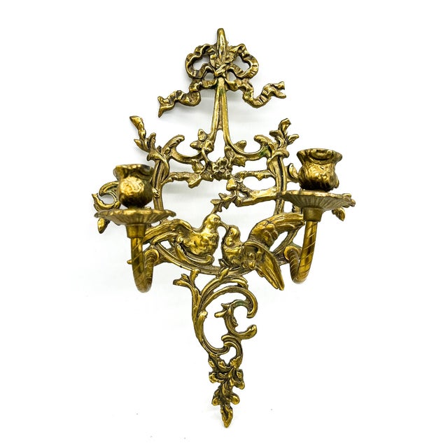 French Country Pair of Vintage Cast Brass Lovebird Wall Candle Sconces – Hollywood Regency / French Country For Sale - Image 3 of 15