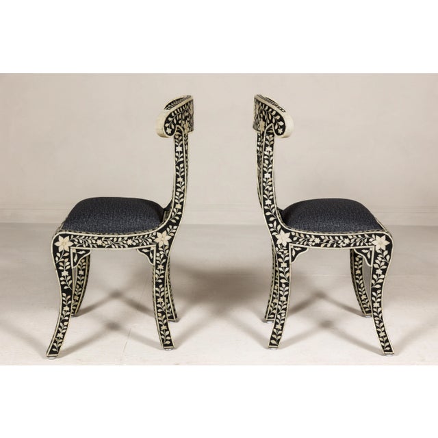 English Early 21st Century Anglo-Indian Style Ebonized Side Chairs with Floral Themed Bone Inlay - A Pair For Sale - Image 3 of 12