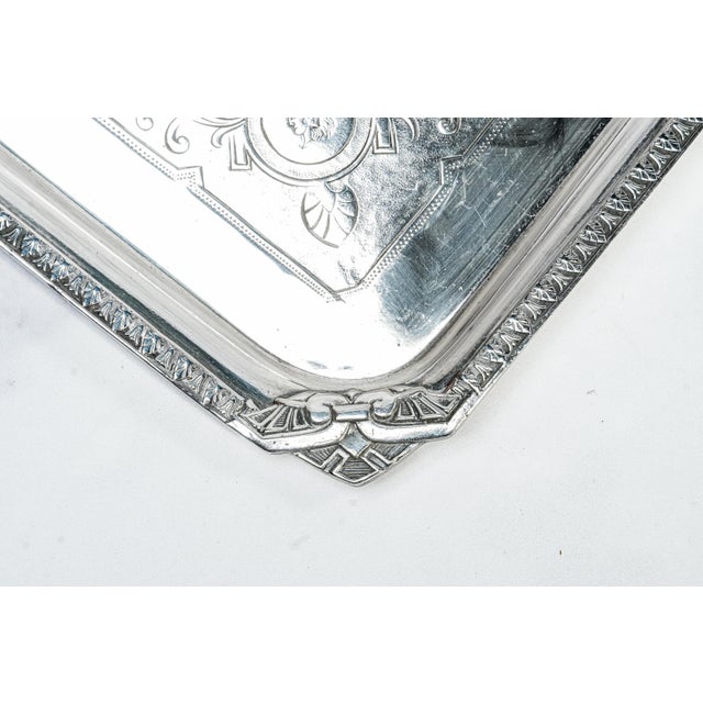 Metal Heavy Silverplate Antique Victorian Aesthetic Movement Ornate Rectangle Tray For Sale - Image 7 of 12