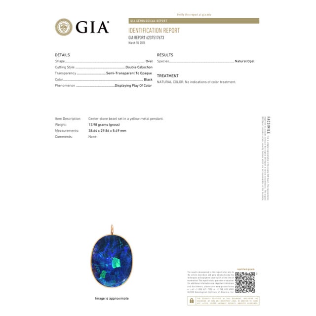 Black 1950s Gia Certified 35 Carat Marcus & Co Australian Black Opal in 18k Gold Pendant For Sale - Image 8 of 8