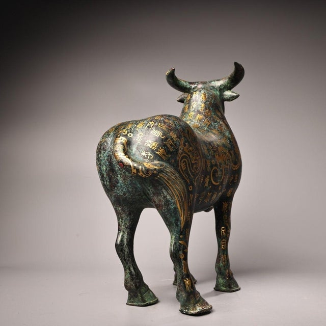 Large Bronze Ox Statue With Gold Inlay, Ancient Script and Dragon Motifs For Sale - Image 4 of 10