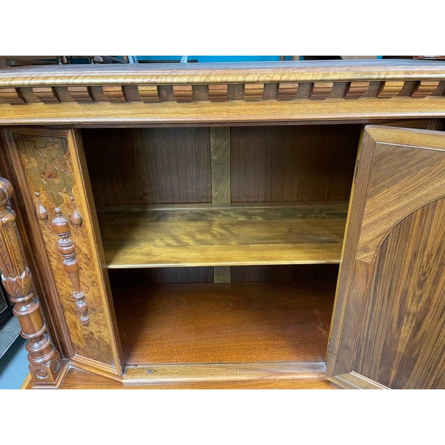 Berkey & Gay Antique Hand Carved Dresser Cabinet, Berkey & Gay, Jacobean Revival, Walnut and Burl Wood For Sale - Image 4 of 10