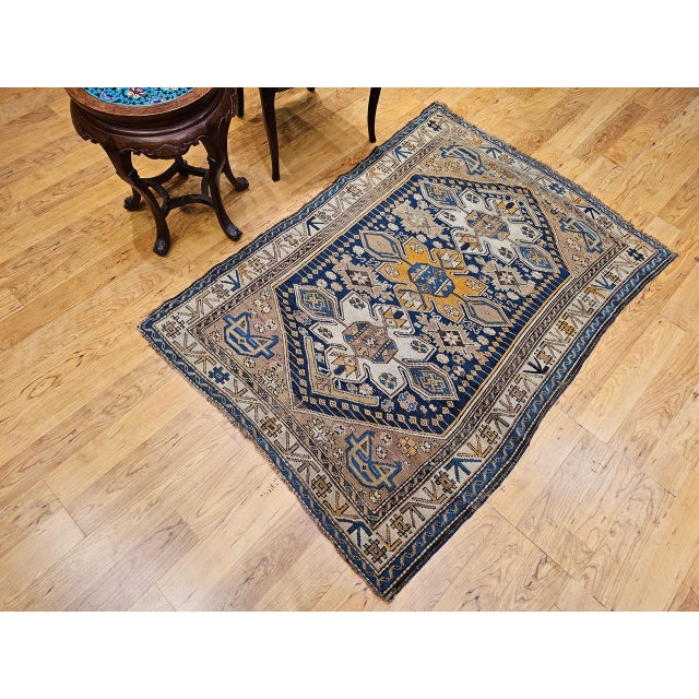 Navy Blue Antique Caucasian Shirvan Area Rug, Hand-Woven Wool, Medallion Design, 3' x 5' For Sale - Image 8 of 18