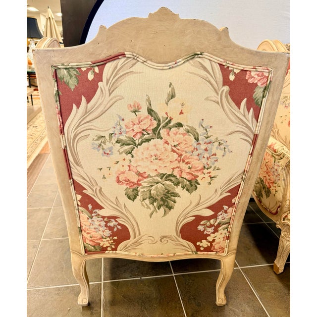 Late 20th Century Pair of French Louis XV Style Floral Bergeres Chairs With Matching Ottomans For Sale - Image 5 of 9