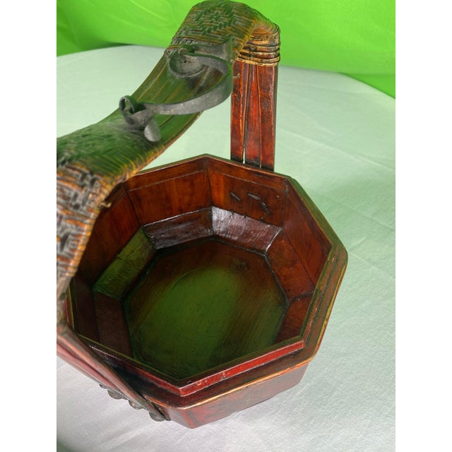 Chinese Antique Chinese Wedding Basket Octagonal Red Lacquer Wood Hand Painted Food Carrier For Sale - Image 3 of 12
