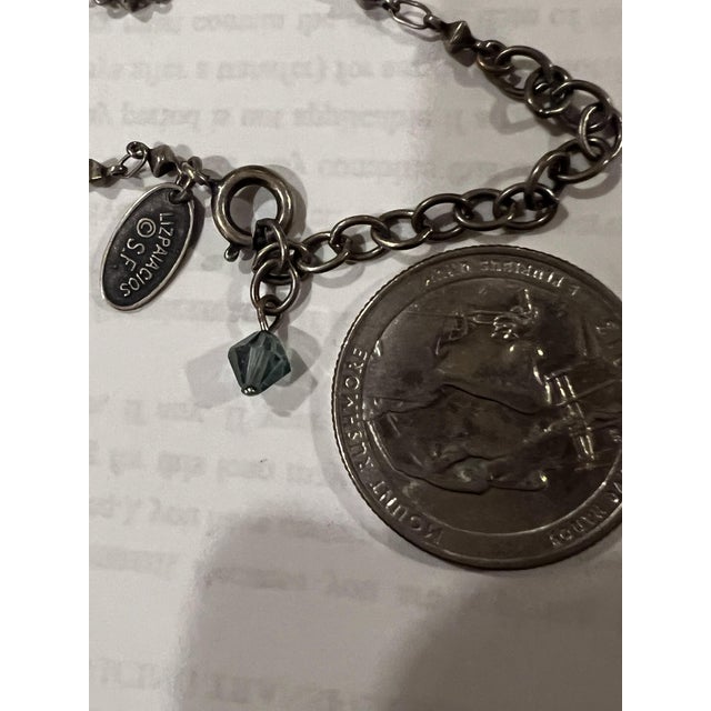 Late 20th Century Vintage Sterling Silver Necklace by Designer Liz Palacios Sf, Featuring a Mother of Pearl Pendant With a Central Crystal, and Dangling Charm Accent For Sale - Image 5 of 5