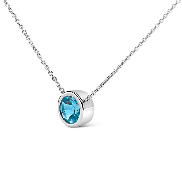 Contemporary .925 Sterling Silver 7MM Bezel Set Created Blue Topaz Pendant Necklace - 18" Inches For Sale - Image 3 of 5