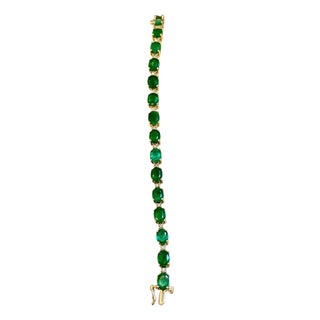 22 Carat Natural Brazilian Emerald & Diamond Tennis Bracelet 14 Kt Yellow Gold For Sale