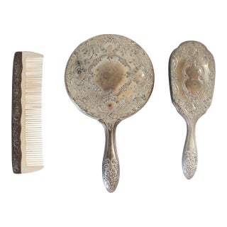 Vintage Silver Plate Vanity Set - Mirror, Comb & Brush For Sale