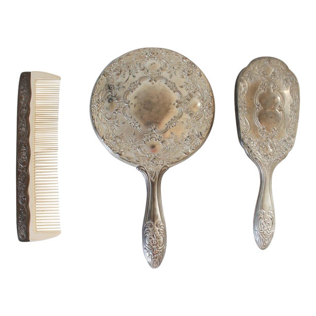Vintage Silver Plate Vanity Set - Mirror, Comb & Brush For Sale