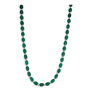 21.78 Carat Green Onyx Bezel-Set Gemstone Tennis Necklace- 925 Sterling Silver Jewelry For Sale