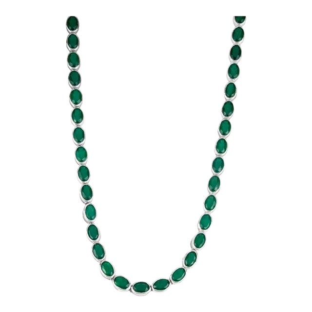 21.78 Carat Green Onyx Bezel-Set Gemstone Tennis Necklace- 925 Sterling Silver Jewelry For Sale