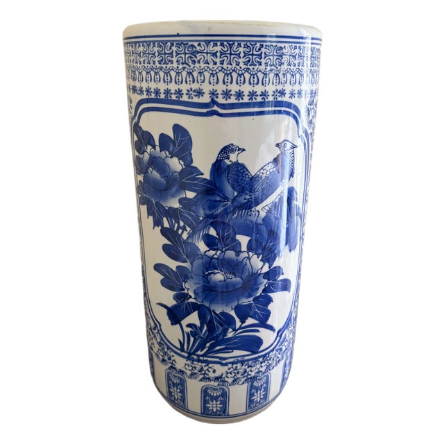 Blue and White Chinoiserie Porcelain Umbrella Stand With Bird Motif For Sale