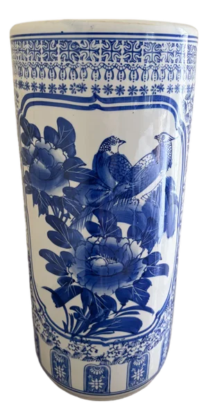 Blue and White Chinoiserie Porcelain Umbrella Stand With Bird Motif