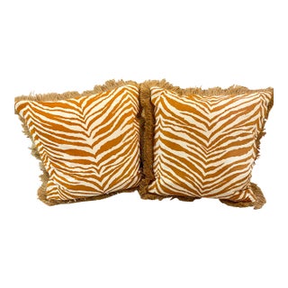 Pair of Zebra Stripe Pillows With Burlap Fringe and Backing For Sale