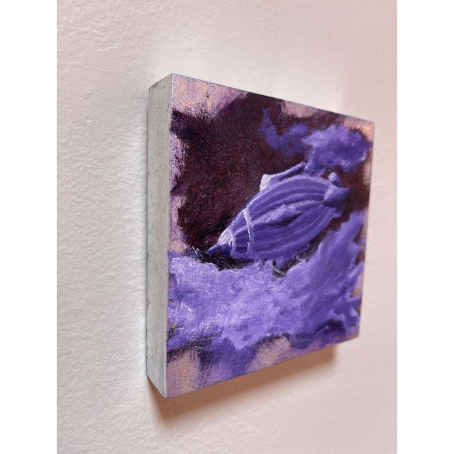 Abstract Purple Blimp by Tammi Otis | Oil on Board Oil painting of a purple blimp in a cloudy sky. For Sale - Image 3 of 5