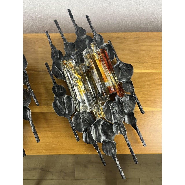 Brutalist Wrought Iron and Glass Wall Lamps, 1960s, Set of 2 For Sale - Image 3 of 9