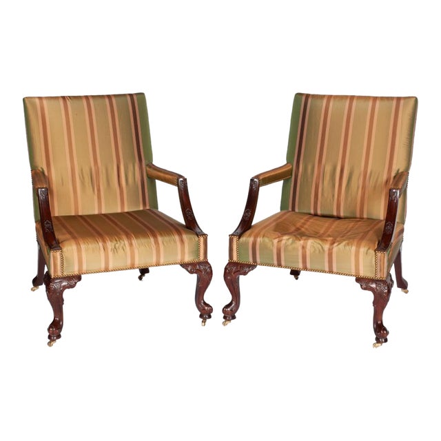 Mid 20th Century Pair of Baker Chippendale Style Open Armchairs on Caster Silk Fabric For Sale