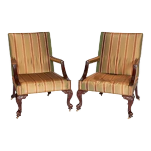 Mid 20th Century Pair of Baker Chippendale Style Open Armchairs on Caster Silk Fabric