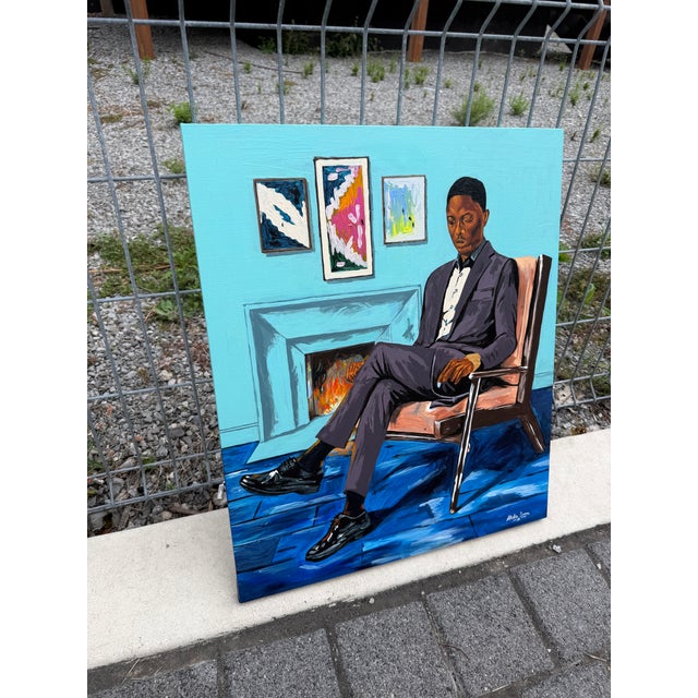 Textile Within the Blue Room, 21st Century, Figurative Realism, by Emmanuel Akolo (2026), Acrylic on Canvas For Sale - Image 7 of 8