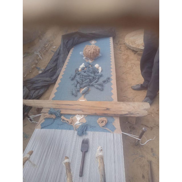 Handmade New Zealand Wool Dhurrie Runner, Turquoise Blue, Cream and Beige Diamond Runner Rug - 3'x12' For Sale - Image 11 of 15