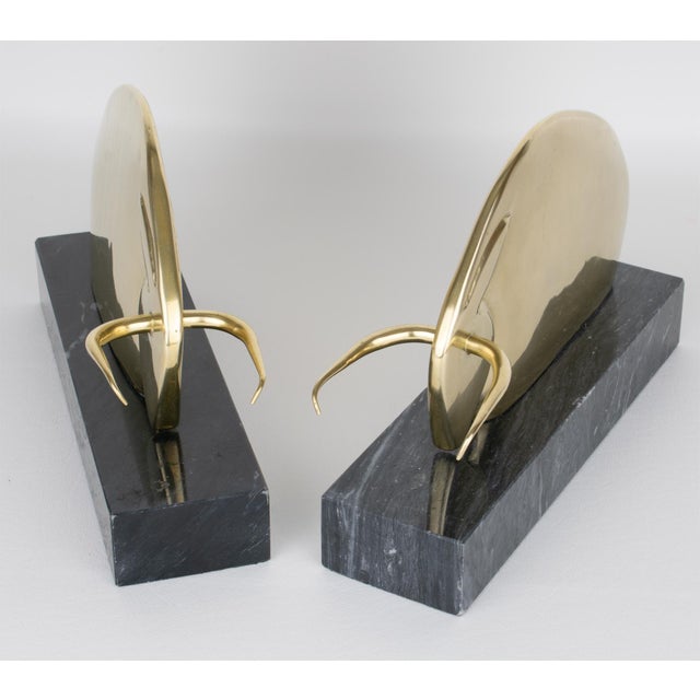Art Deco Art Deco Polished Brass and Marble LongHorn Bull Bookends For Sale - Image 3 of 15