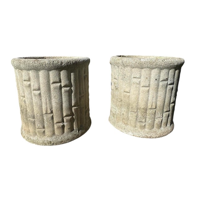 English Concrete Bamboo Round Garden Planters For Sale - Image 3 of 9