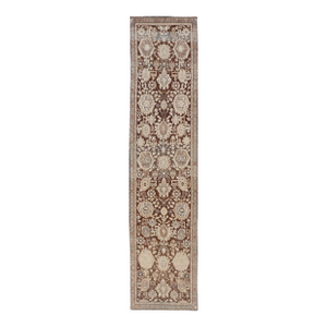 Antique Karabagh Runner With All-Over Floral Medallion Design in Brown and Tan 3'4"x15'7"