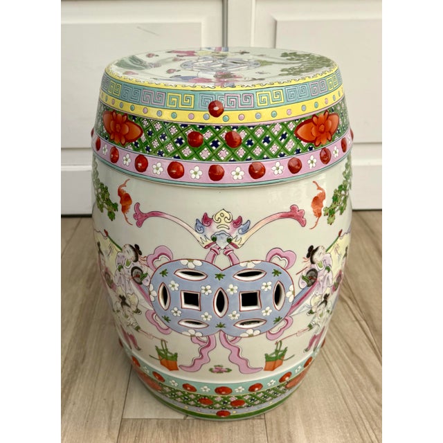 Mid 20th Century Mid-20th C. Chinese Famille Verte Hand-Painted Ceramic Garden Stool/Side Table For Sale - Image 5 of 13