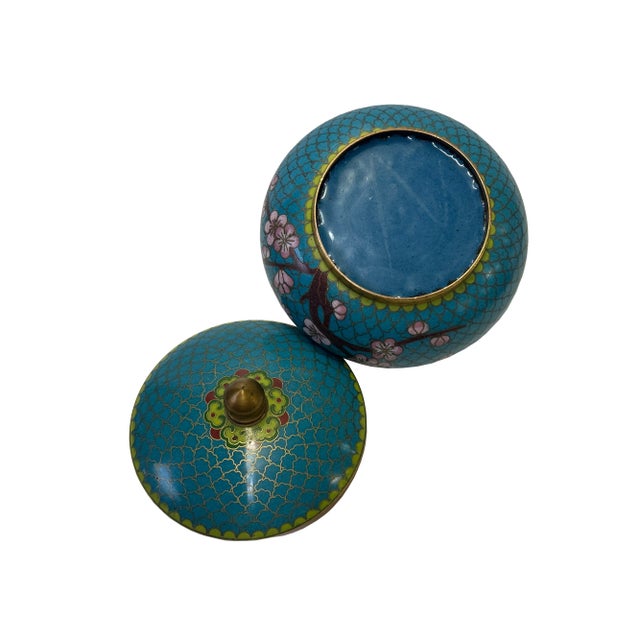 Chinese Teal Turquoise Metal Cloisonné Blossom Flower Theme Round Box For Sale In San Francisco - Image 6 of 6