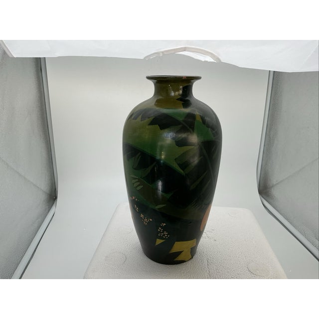 1940s Circa 1940 Hand Painted Ceramic Vase 10.5” Monkey Musicians Chinoiserie China For Sale - Image 5 of 8