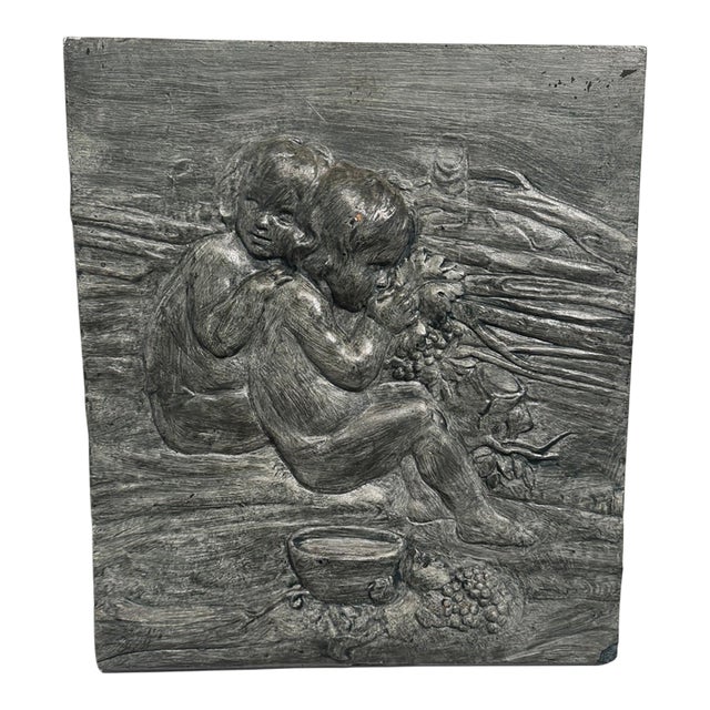 Vintage Figural Bas-Relief Wall Plaque With Children and Grapes For Sale